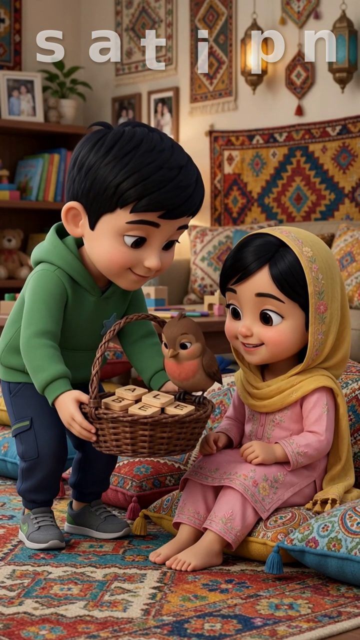 Zaviyar holds a basket of letter tiles with Bulbul perched on it while Zimal smiles beside him
