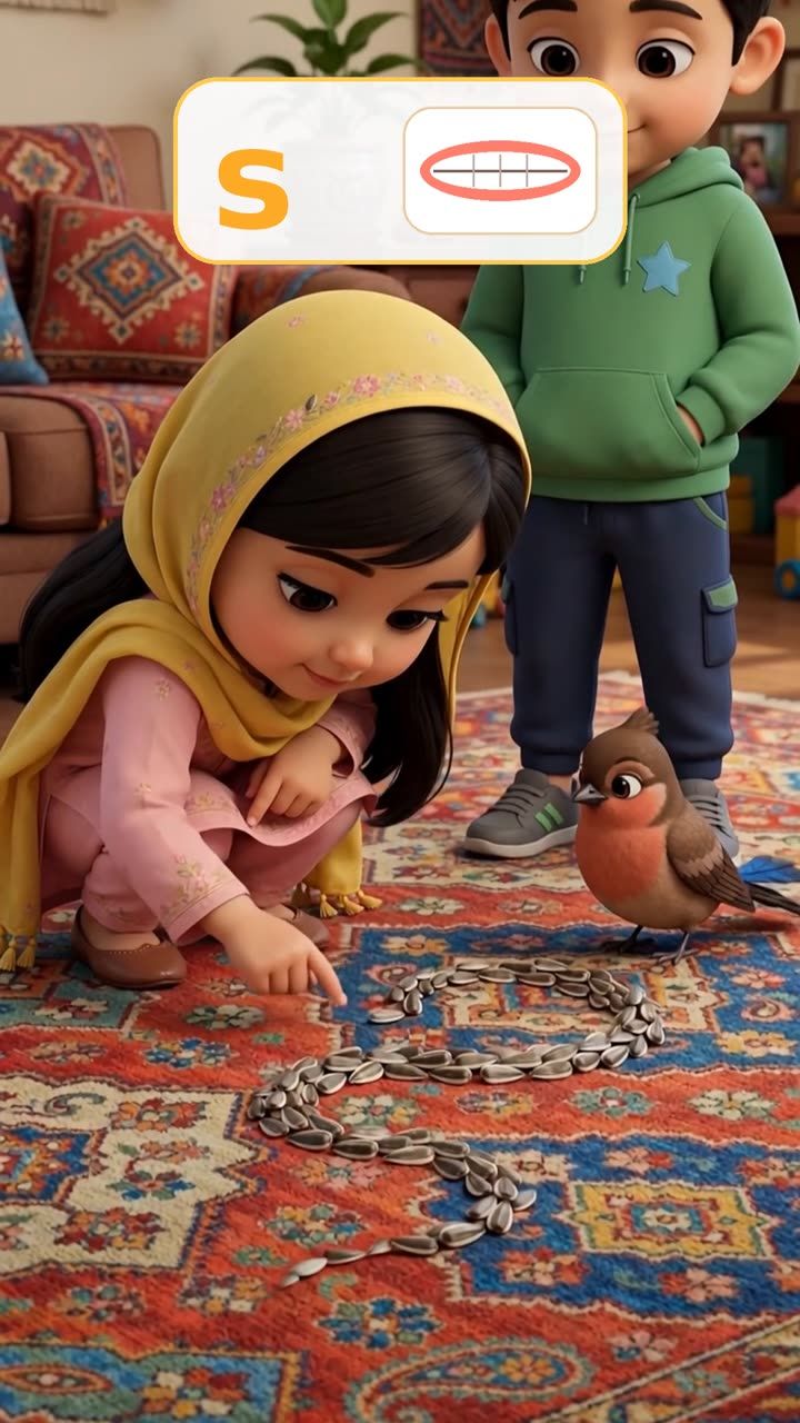 Zimal traces a letter s made of seeds on the rug while Bulbul watches and Zaviyar stands behind her
