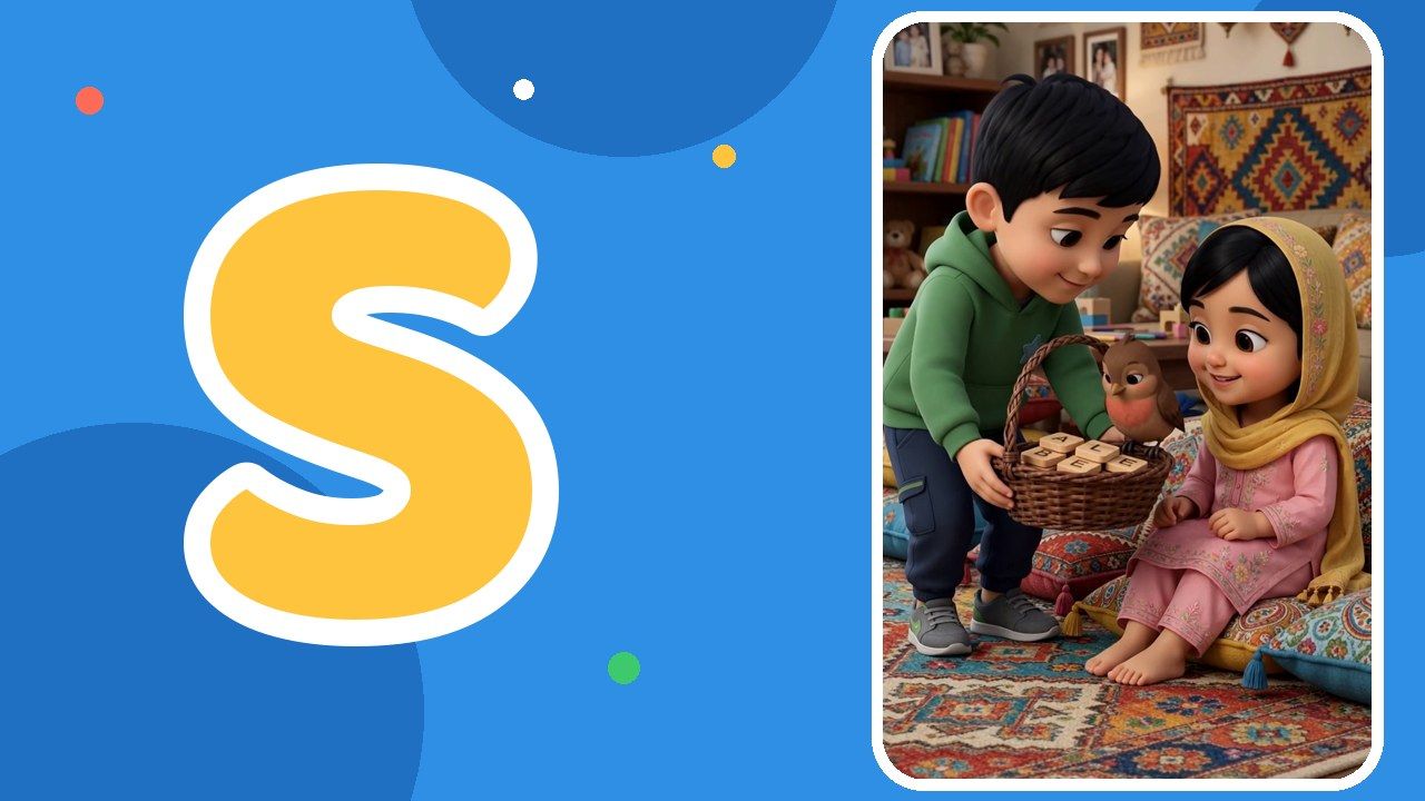 A big yellow letter S beside Zaviyar, Zimal and Bulbul in their living room
