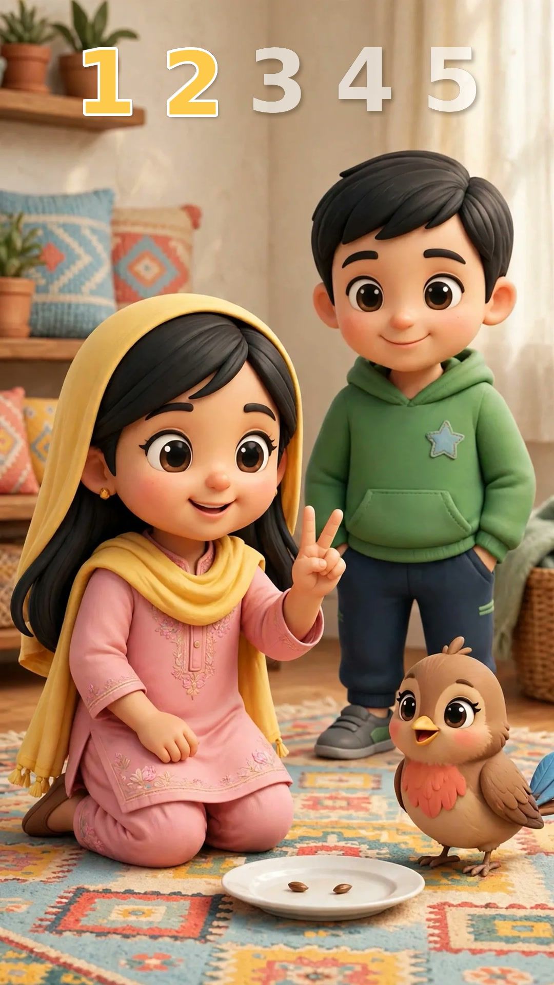 Zimal holds up two fingers next to a plate with two seeds while Bulbul and Zaviyar watch