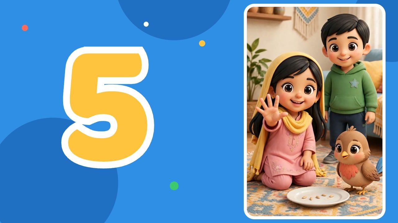 A big yellow number 5 beside Zimal holding up five fingers, with Zaviyar, Bulbul and a plate of seeds